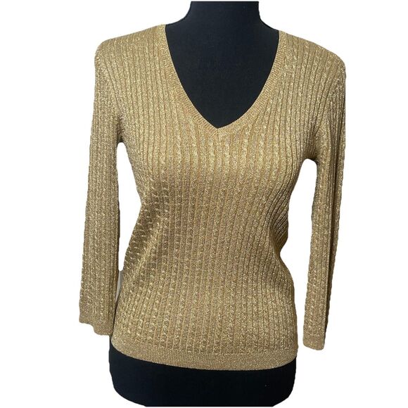 LRL Petite Gold Metallic Sweater V-Neck Ribbed Silk Blend P/P - Picture 1 of 7